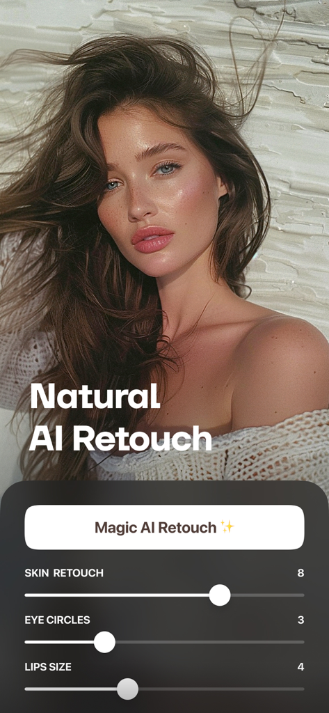Uplens: Photo & Video Editor - Interface of Uplens app showing Natural AI Retouch features for skin and eye enhancement on a portrait photo