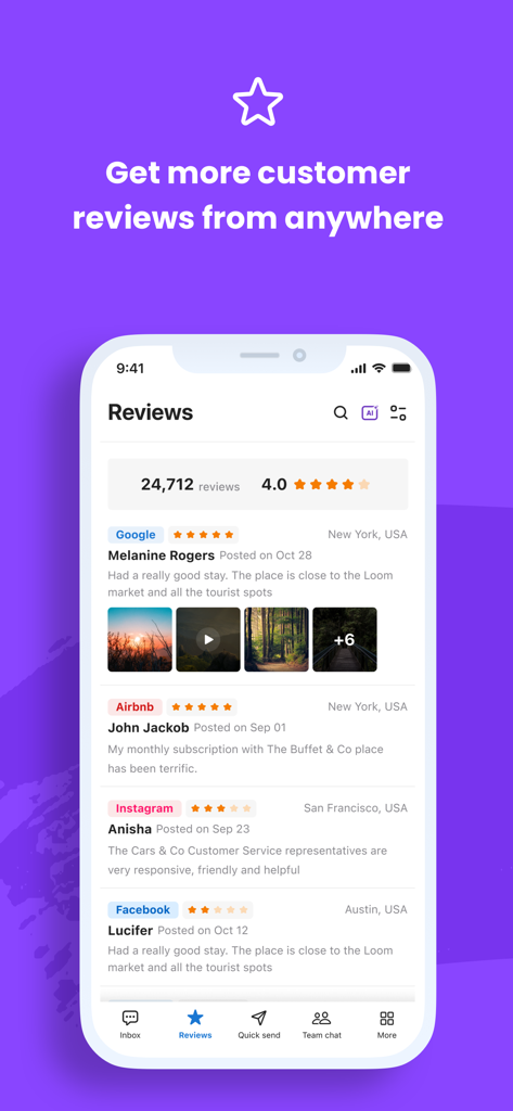 Interface de l'application mobile Birdeye affichant les avis clients agrégés de plusieurs plateformes comme Google, Airbnb et Facebook.