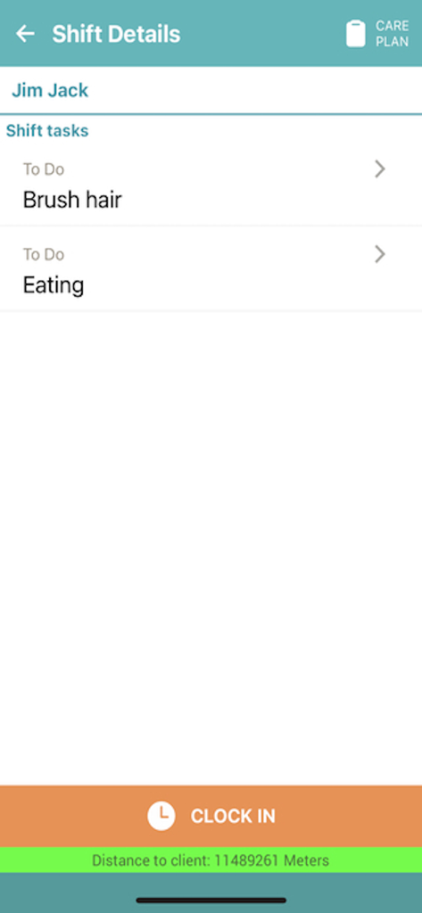 WellSky Personal Care app screen showing shift details with caregiver tasks for a client and a clock in button
