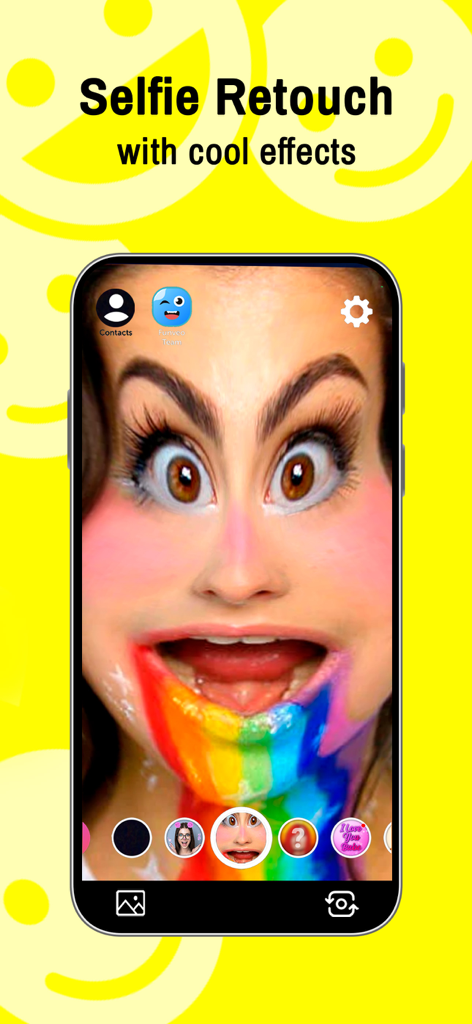 Interfaz de la app Funveo mostrando un filtro facial divertido con ojos grandes y un arcoíris saliendo de la boca