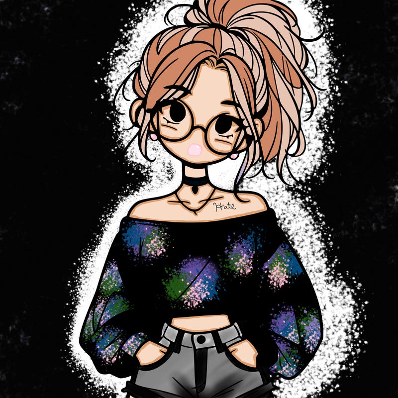 girl with a messy ponytail glasses a baggy crop top and jean shorts