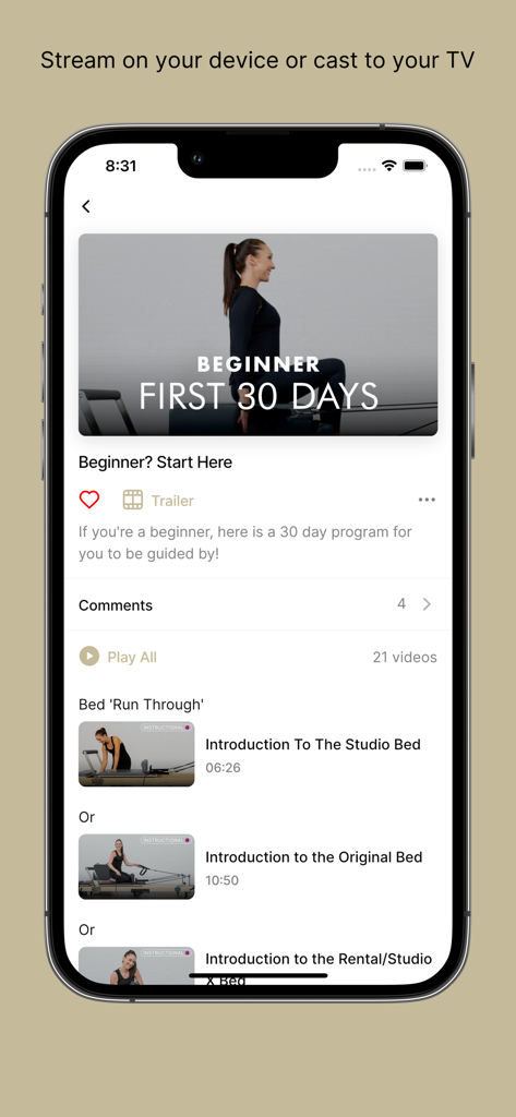 Your Reformer app interface showcasing a 30 day beginner program and reformer bed tutorials