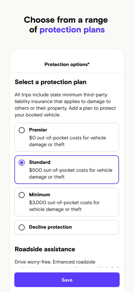 A mobile screen showing various protection and insurance plans for a Turo car rental.