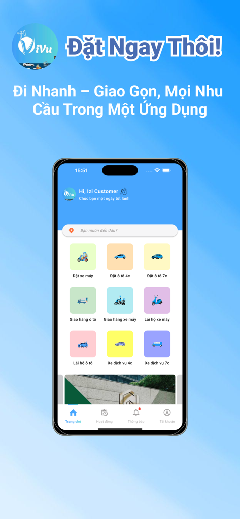 71ViVu mobile app home screen showing ride-hailing and designated driver service options