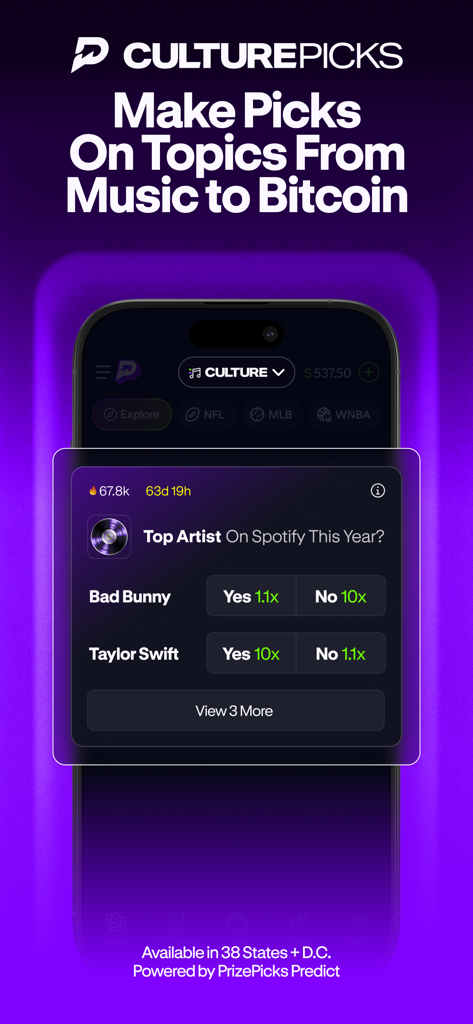 PrizePicks app screen for Culture Picks featuring music and bitcoin prediction topics including Spotify top artist contests.