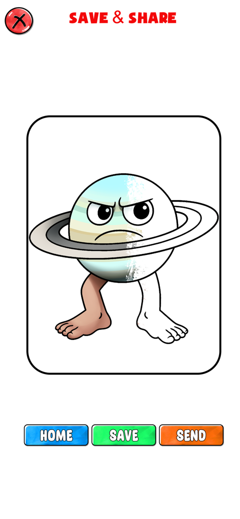 The Brainrot Animals Coloring - Save and Share screen from The Brainrot Animals Coloring app showing a colored Saturn character with legs