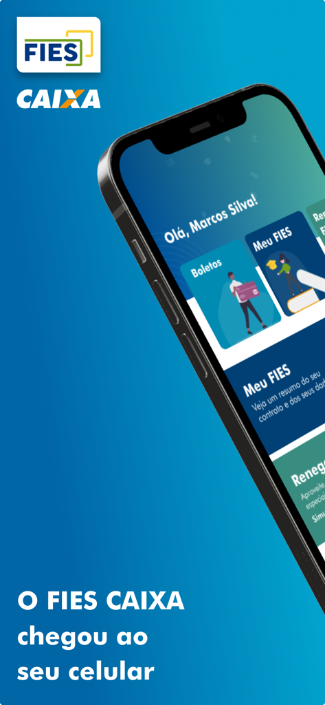 Tela inicial do aplicativo móvel Fies Caixa mostrando opções de gerenciamento de empréstimos estudantis