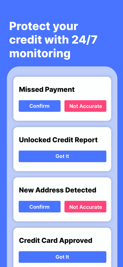 WalletHub app screen showing 24/7 credit monitoring with real-time alerts for missed payments and credit report changes