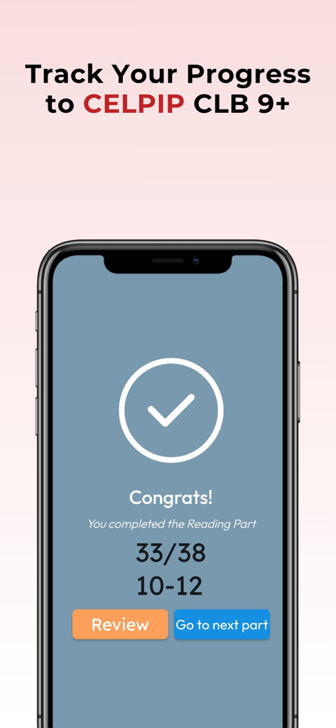 CELPIPリーディング模擬テストのスコアとCLBレベルの進捗状況が表示されている完了したモバイルアプリ画面