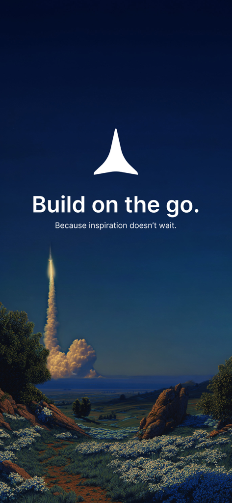 Rocket Pocket App Studio splash screen featuring a rocket launch in a scenic landscape and the tagline Build on the go