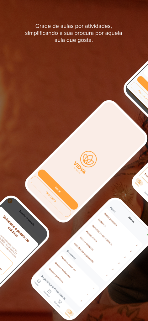Multiple iPhone screens showing Vidya Studio app interface including login profile settings and class booking options