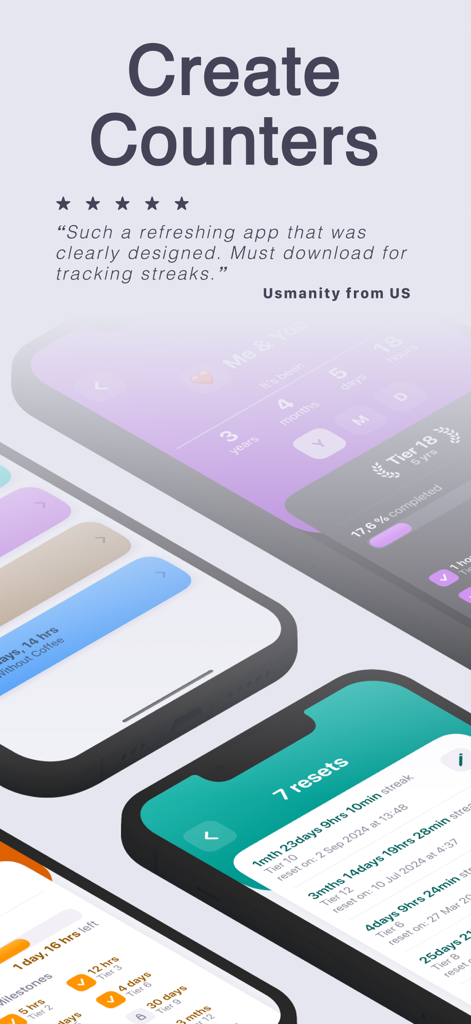 Days Since Counter: Quitly - Interfaz de la app Quitly mostrando contadores personalizados y hitos de rachas con una reseña positiva de usuario
