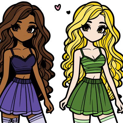 realistic girl wearing a crop top and short skirt she is very pretty and has long curled hair