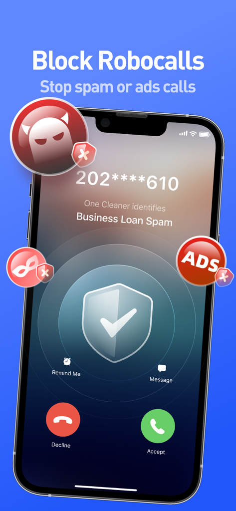 Pantalla de iPhone mostrando la aplicación One Cleaner identificando una llamada de spam con un mensaje de bloqueo de llamadas no deseadas y un ícono de escudo de seguridad.