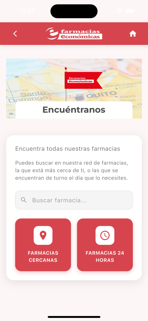 Tu App Farmacia - Pharmacy locator screen with search and buttons for nearby or 24 hour locations