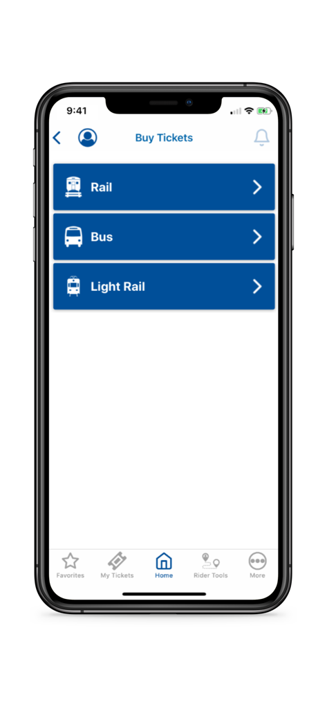 NJ Transit app interface for buying rail bus and light rail tickets