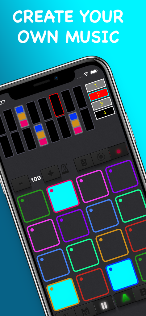 Drum & Rhythm Pad - Beat Maker - Pantalla de smartphone mostrando una interfaz de pad de batería colorida para la creación de música.