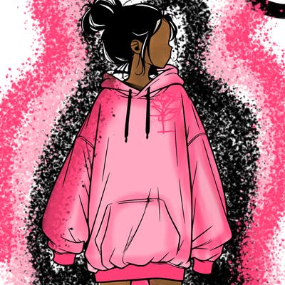 realistic girl with a oversized sweatshirt on and a bun