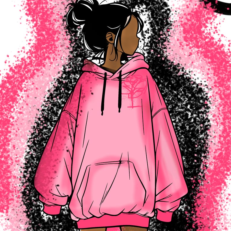 realistic girl with a oversized sweatshirt on and a bun