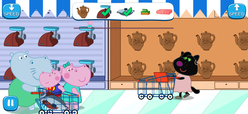 Funny Supermarket game - Hippo family with a shopping cart in a supermarket game for kids