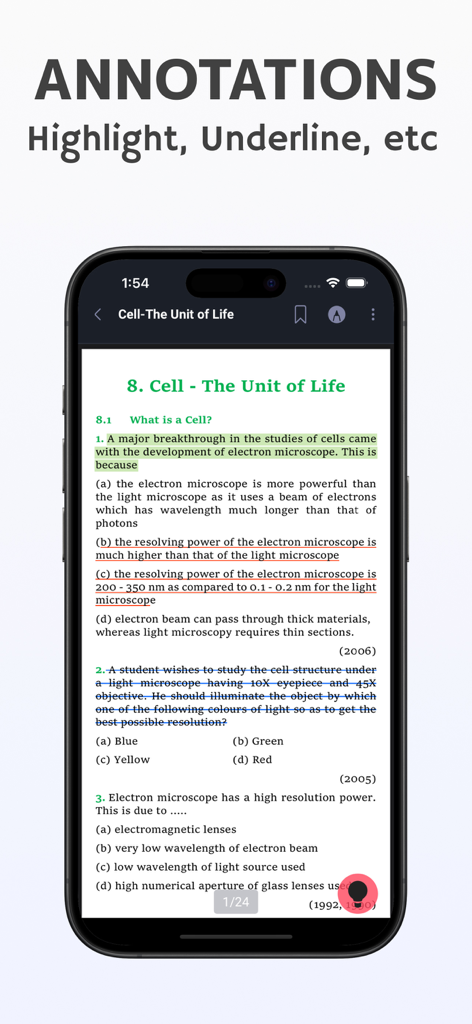 NEET: Past Solved Papers - App interface demonstrating annotation features like highlighting and underlining on a biology study chapter