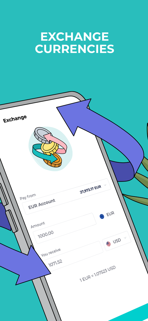 Bankera – Mobile Banking - Bankera app interface for exchanging currencies between Euro and US Dollar accounts at favorable rates