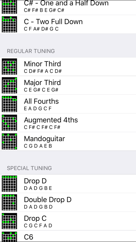 Interface showing regular and special guitar tuning options including Drop D and Minor Third