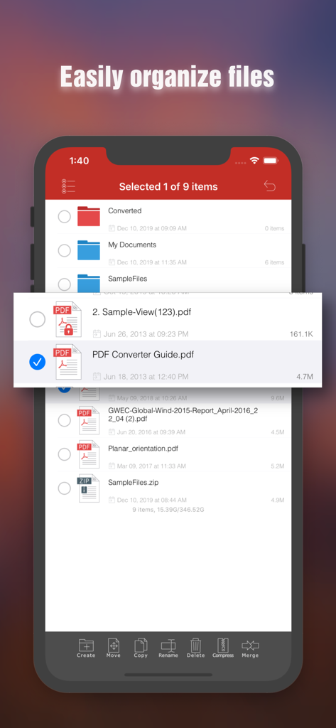 iPhoneでドキュメント整理機能を示すドキュメント整理インターフェースが表示されたFlyingbee PDFからJPEGへのファイル管理