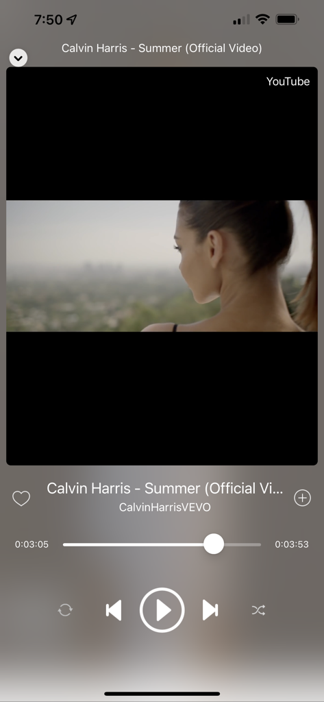 Music Video Player Musca - Music video playback interface of the Musca app featuring a video and player controls