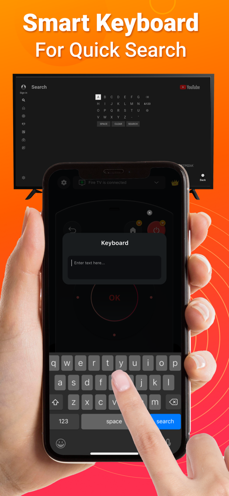Remote for FireStick and TV - Fire TVでコンテンツを検索するために、スマホのスマートキーボードを使用している人物
