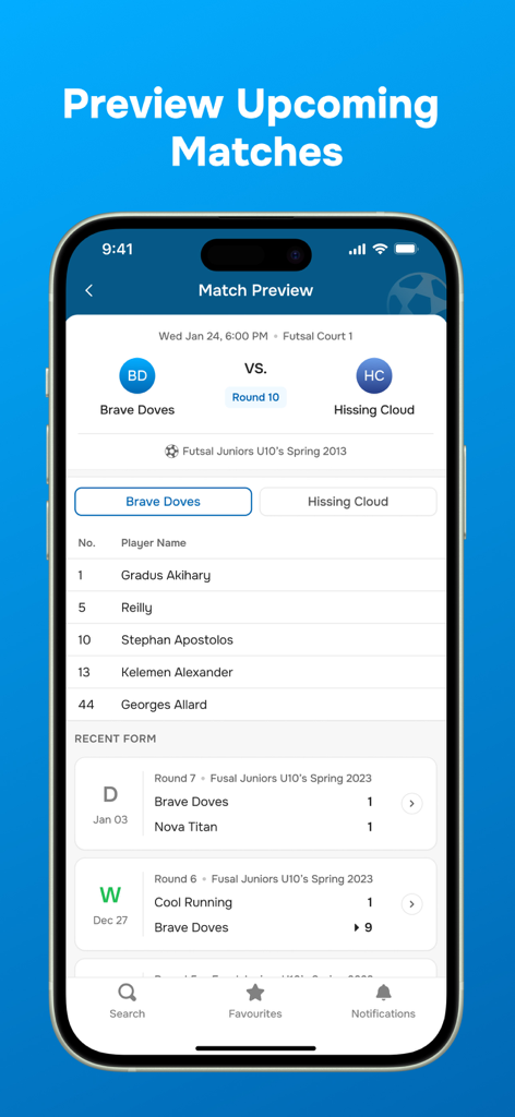 Sportfix - Sportfix app match preview screen displaying team roster and previous game results