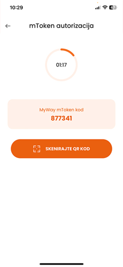 PBZ Card MyWay - PBZ Card MyWay mToken authorization screen with a security code and QR code scanner button