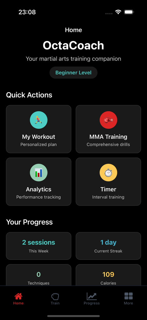 OctaCoach - Pantalla de inicio de la aplicación OctaCoach que muestra acciones rápidas para entrenamiento de MMA y seguimiento del progreso personal.
