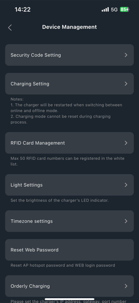GRESCharge - Interfaz de gestión de dispositivos de la aplicación GRESCharge con opciones de configuración para cargadores de vehículos eléctricos