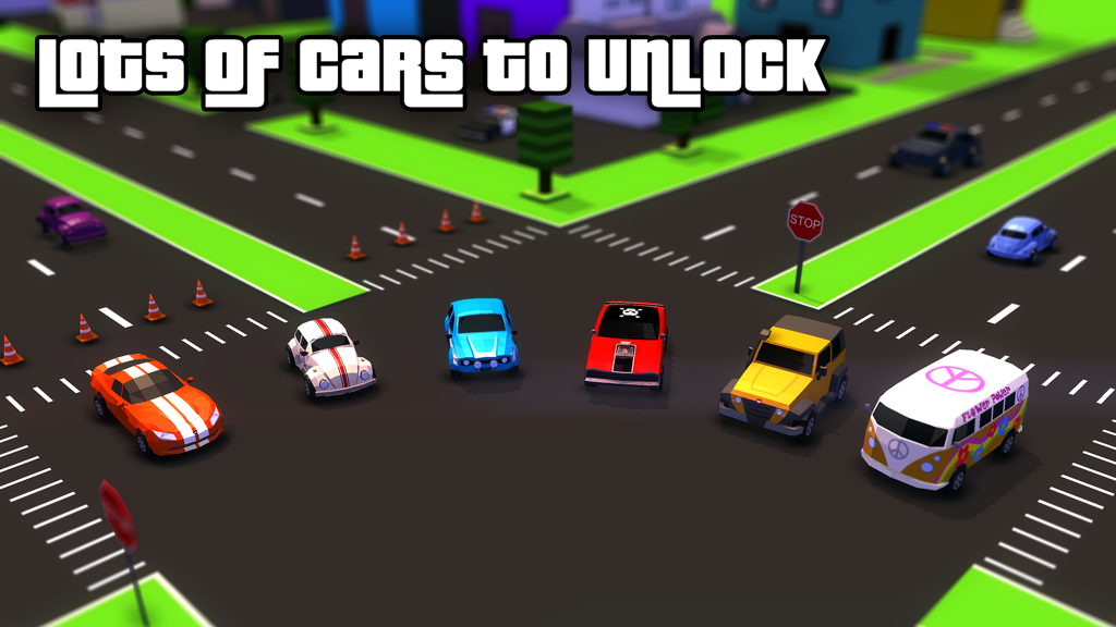 Police Chase: No Limits - Una colección de vehículos coloridos de baja poligonización mostrados en una calle de la ciudad con el texto "Muchos coches por desbloquear"