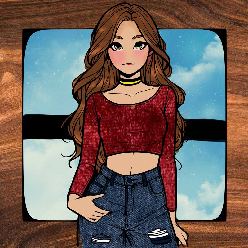 a realistic girl in a crop top and ripped jeans with long hair