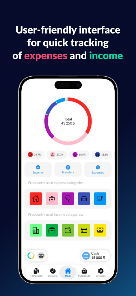 Finatics App-Oberfläche zur schnellen Erfassung von Ausgaben und Einnahmen