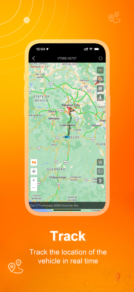 Protrack GPS app interface showing real-time vehicle tracking on a map with a traced route
