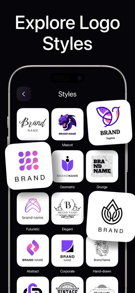 AI Logo - Generator & Maker - A smartphone screen displaying various logo design categories like Mascot Geometric and Futuristic in the AI Logo Generator app