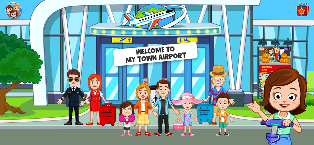 My Town : Airport - Un grupo de personajes, incluyendo un piloto y una familia, de pie frente a la entrada del aeropuerto My Town