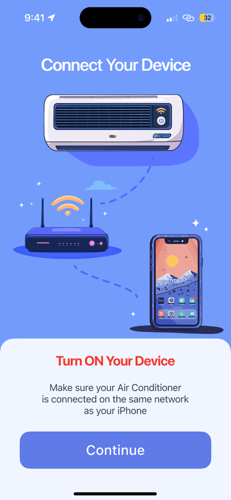 Universal AC Remote Control + - An app interface illustrating the connection between an air conditioner, a router, and a smartphone.