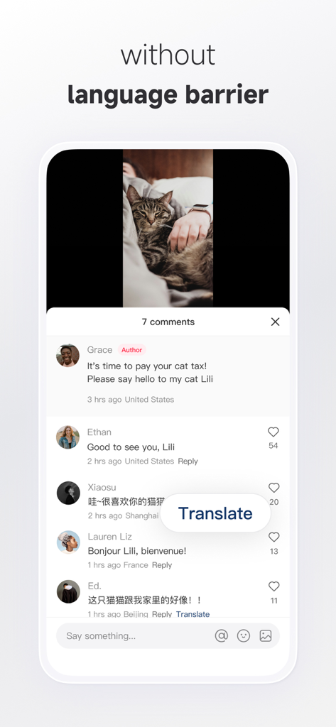 L'interface de l'application Rednote affiche une photo de chat avec des commentaires en plusieurs langues et une fonction de traduction.