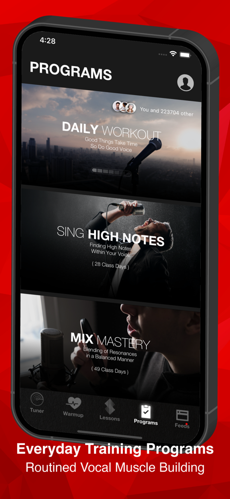 Interface do aplicativo Sing Sharp mostrando vários programas de treinamento vocal como Daily Workout e Mix Mastery