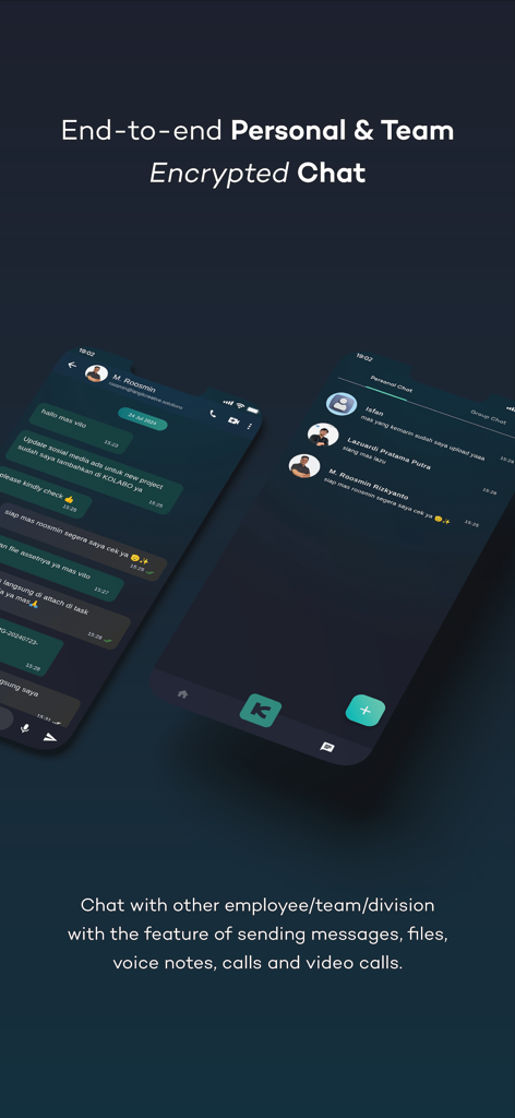 Screenshot of the Kolabo mobile app showing its secure end to end encrypted chat interface for personal and team communication