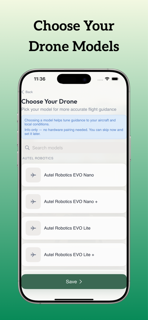 A screen in the Drone Weather app showing a list of Autel Robotics drone models to select for customized flight guidance