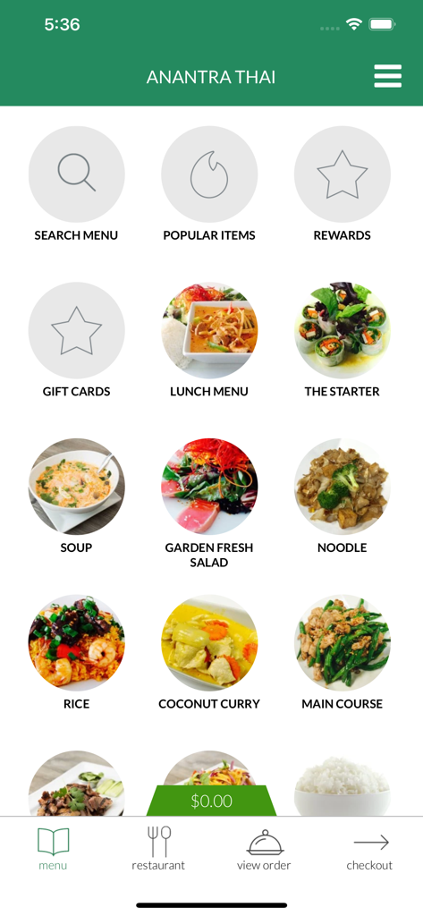 Anantra Thai mobile app interface showing menu categories for Thai food like curry, noodles, and rice