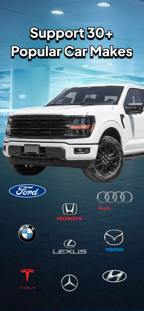Sync: Ford Car Play Connect - Tesla、BMW、Hondaなどのサポートされている車のブランドロゴに囲まれた白いフォードトラック