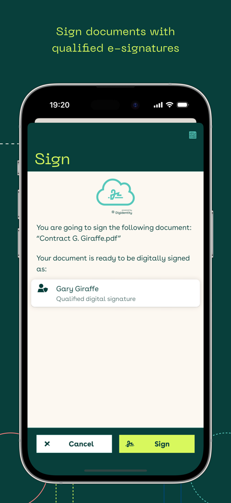 Digidentity Wallet - A smartphone screen from the Digidentity Wallet app showing the interface to sign a PDF document with a qualified e-signature.