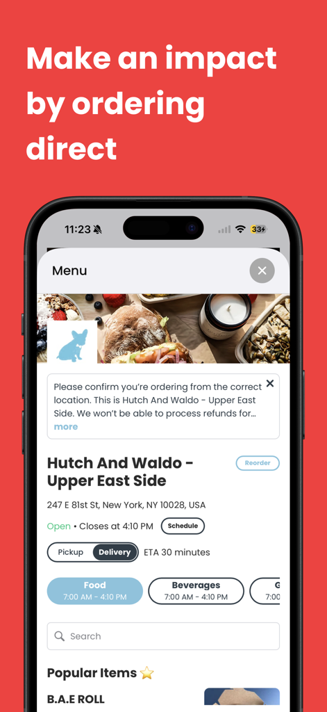 Sauce Reorder - Sauce Reorder app screen showing a local restaurant menu with the headline Make an impact by ordering direct
