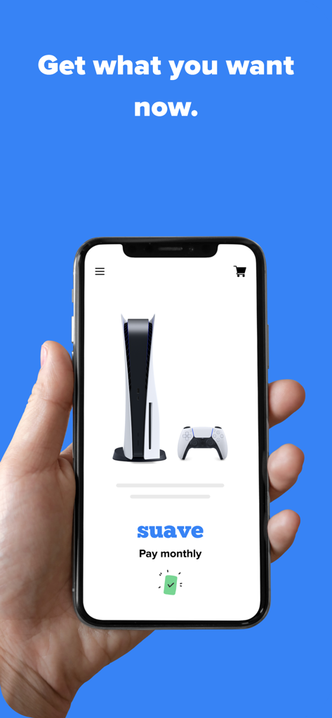 Suave: Buy now, pay later. - A smartphone screen showing the Suave app interface with a PlayStation 5 and the text Pay monthly on a blue background.